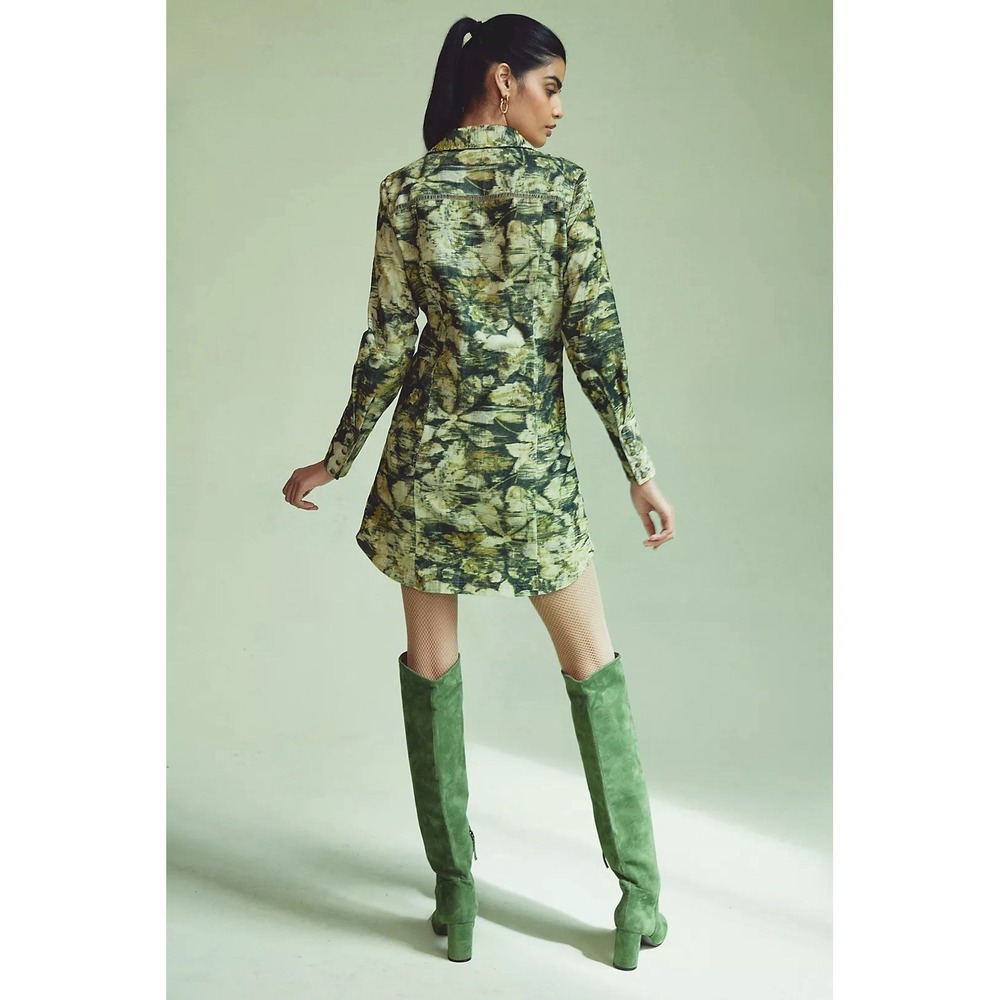 Anthropologie Pilcro Ruched‎ Corduroy Green Printed Mini Shirt Dress Size 0 - Picture 2 of 13